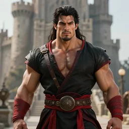 hispanic gigachad hero in ancient castle, wearing black and red clothes, herculean bulging muscular figure, beautiful gigachad, soft lighting, highly detailed face!!, sharp focus, artstation, by gaston bussiere, augustus edwin john and john singer sargent and greg rutkowski