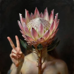 stunning mexican godess, detailed pink and white protea head peace against a black backdrop by ivan aivazovsky, wlop, oil painting, beautiful soft lighting, muted colours, artstation