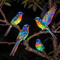 highly detailed realistic photo of glowing colorful birds on tree at night, vibrant colors, award winning masterpiece photography, hyper realistic, concept art, 8 k detail post - processing