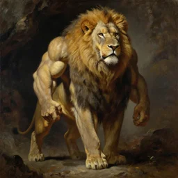 oversized muscular lion as barbarian hunter human legs full body portrait pose , very textured detailed oil painting by rembrandt , hard backlight , in dark cave