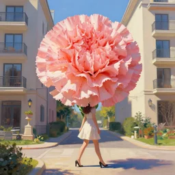 giant carnation flower covering head, woman walking between luxury apartments, surreal photography, sunlight, impressionist painting, digital painting, artstation, simon stalenhag