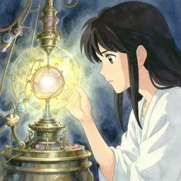 spirit guide from atlantis gazing into a magical apparatus. watercolor by award - winning mangaka, backlighting, intricate details, muted pastel palette, depth of field, hideaki anno.