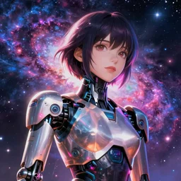 makoto shinkai. robotic android girl. futuristic cyberpunk. dystopia. vibrant nebula sky. body.