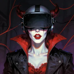 Illustrated by Shepard Fairey and H.R. Geiger | Cyberpunk Clown Vampire with VR helmet, surrounded by cables