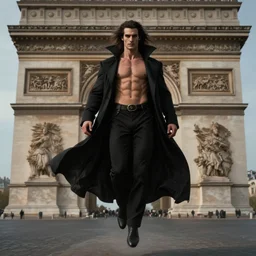 portrait painting of the vampire lestat, paris! floating, muscular male, long hair! long coat, elegant rugged handsome unreal render cinematic lighting art 1 8 9 0 period drama by bussiere rutkowski andreas rocha