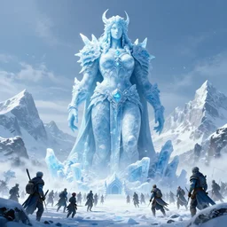 a gargantuan ice revenant lady looming over a party of adventurers, in the snow mountains, high fantasy, monochromatic blue, smooth, sharp focus, high fantasy, dnd, digital painting, by rossdraws, artstationhd