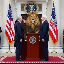 photo of the usa presidential inauguration, a lion fursuiter being inaugurated as president, swearing an oath to uphold the constitution