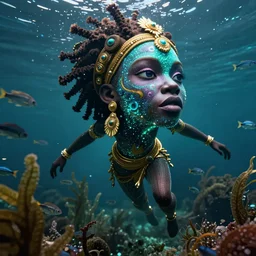 hyperrealistic precisionist cinematic very expressive! bioluminescent african goddess, full body, underwater scene with fish and algae, gold jewerly, highly detailed face, digital art masterpiece, eric zener cam de leon, dramatic pearlescent turquoise light on one side, long shot, low angle uhd 8 k, sharp focus