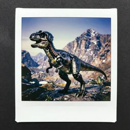 polaroid photo of cyborg velociraptor with helmet on his head made of black onyx, huge mountains on the background