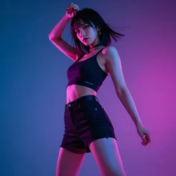 naro rinri female, dynamic posing, dramatic neon lighting