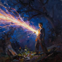 a bright plasma stream flowing left to right. it flows through a figure in the center. | painting by craig mullins. the composition and color are different on the left and right sides
