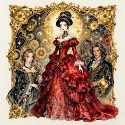 watercolor painting of an avant - garde japanese bjd geisha vampire queen with a long neck in a victorian red dress painted by z. w. gu, amy sol, tom bagshaw, intricate detail, artstation, artgerm, in the style of dark - fantasy, rococo, gold leaf art, 3 d fractals