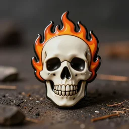 a retro minimalistic smiling skull with fire flame enamel pin, hd, concept art