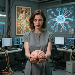 a woman in a grey dress holding a brain in her hands, in a room full of wires and computers and neural networks, sci - fi, 4 k realistic, artem demura. alphonse mucha. yoji shinkawa artgerm. jon lothian. danilo torres. adi meyers. thomas reimann. gaston bussiere.