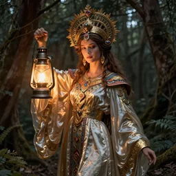 queen of the forest with her lantern by Annie Swynnerton and Nicholas Roerich and jean delville, strong dramatic cinematic lighting , ornate headdress , flowing robes, lost civilizations, smooth, sharp focus, extremely detailed