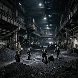 massive complex underground facility factory huge interior enormous factory gloomy high contrast gas masked men shoveling coal