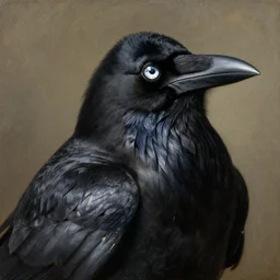close up of a black crow from behind looking over his shoulders with a sparkle in the eye, oil painting in the style of bieter bruegel the elder, highly detailed and crisp render of distressed feathers, eyes made out of reflective chrome like a mirror,