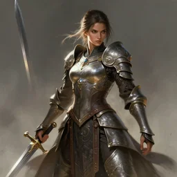 Female warrior standing in battle with a one-handed sword, passion, bravery, intricate armour costumes, light and shadow effects, intricate, highly detailed, digital painting, art station, concept art, smooth, sharp focus, illustration, art by Krenz Cushart and WLOP from ArtStation