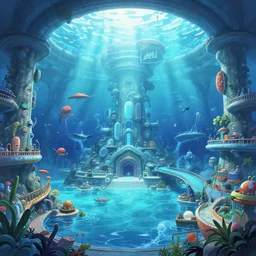 detailed interior of giant underwater marine theme park LeMU, Erste Boden, completely flooded, anime key visual