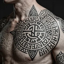 ancient slavic tribal tattoo pattern, glagolitic glyph, intricate artwork by ,James Jean, Noah Bradley, very coherent artwork, cinematic, hyper realism, high detail, octane render, unreal engine, 8k, High contrast, higly detailed black ink outline