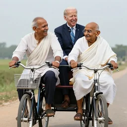 joe biden and gandhi drunkenly riding two seater bike together, laughing and joking, photorealistic, detailed