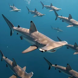 looking down at thousands of hammerhead sharks, sharp focus, octane render
