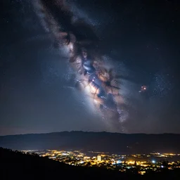 a beautiful double exposure of a deep field astrophotography image by hubble in the sky and a night time landscape with mountains and a cityscape, lpoty, award winning, apod, full moon