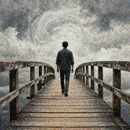 back view of a man walking on an old wood bridge, 2 meters , swirly clouds in the background, art by James Jean and Wayne Barlowe and moebius, high details , contrasted colors, cinematic, cgsociety 8k