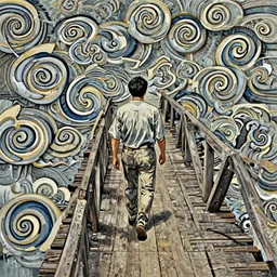 back view of a man walking on an old wood bridge, 2 meters , swirly clouds in the background, art by James Jean and Wayne Barlowe and moebius, high details , contrasted colors, cinematic, cgsociety 8k