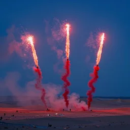 three red flares spewing a trail of red smoke flying over a blue desert in late evening, artstation, moebius, fury road, realistic