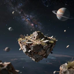 a small lone crumbling island, center of image, floating in space, debris, planets, stars, nebula, studio, digital art, detailed, depth of field