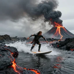 person in armor surfing down a river of lava on the side of a volcano on surfboard, action shot, dystopian, thick black smoke, motion blur, sharp focus, cinematic, warren miller, tilt shift lens