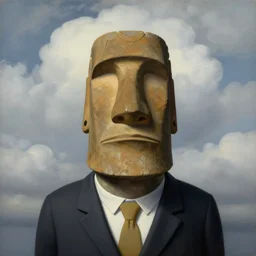 portrait of a faceless moai - head man in a suit, clouds in the background, by rene magritte, detailed painting, distance, middle centered, hd, hq, high resolution, high detail, 4 k, 8 k