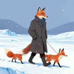 an anthropomorphic fox man wearing a long coat walking another fox on a leash across a glacier, hands in pockets, blizzard, character illustration by Aaron Miller, Greg Rutkowski, thomas kinkade, Howard Pyle, disney, El Greco, Cynthia Sheppard