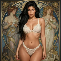kylie jenner wearing a lace bikini, perfect-full-shot, bladerunner atmosphere, intricate, elegant, highly detailed, digital painting, artstation, concept art, smooth, sharp focus, illustration, art by artgerm and greg rutkowski and alphonse mucha
