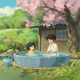 a spa in a spring ， hayao miyazaki animation style