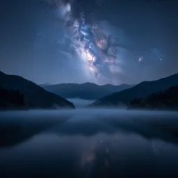 a magic lake by night with fog, mountains in the background and the milkyway in the sky
