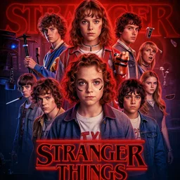 Stranger Things Season 5 alternate poster, high resolution, hyper detailed, intricate, photorealistic, all cast members, netfilx !n-9