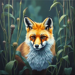 portrait of a fox between plants by shusei nagaoka kaws, david rudnick, airbrush on canvas, pastell colors, cell shaded