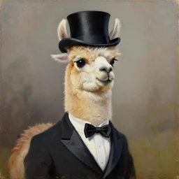 an oil painting of a llama wearing a tuxedo and top hat