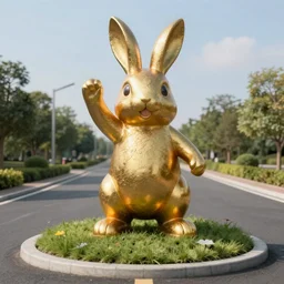 A heroic statue of a rabbit on a ring road, photorealistic, 4k