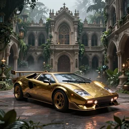 biomechanical shiny steampunk lamborghini countach with (glowing) lights parked in ancient lush palace, gothic and baroque, brutalist architecture, ultradetailed, creepy ambiance, fog, artgerm, giger, Intricate by Ellen Jewett and Josan Gonzalez and Giuseppe Arcimboldo