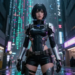 An hyperrealistic epic anime comic painting of a cyber warrrior girl wearing futuristic fashion behind a wall of matrix, sci-fi, black and silver color combination,  heavy rainning at future sci-fi tokyo street night, neon ligh, DAZ, 8k, unreal 5 engine render, cosplay, RPG portrait, dramatic lighting,  low keys light, rim lights, PS5 render