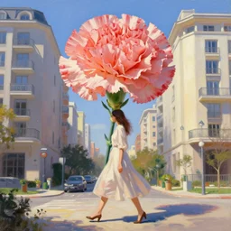 giant carnation flower as head, a woman walking between luxury apartments, surreal photography, sunlight, impressionist painting, digital painting, artstation, simon stalenhag