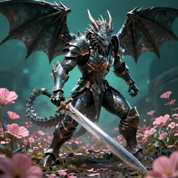 high quality 3 d neo - gothic human dragon hybrid, exoskeleton armor, fighting with sword, field of pink flowers, highly detailed unreal engine, vitaly bulgarov dramatic dark teal light, ground angle hd 8 k, sharp focus