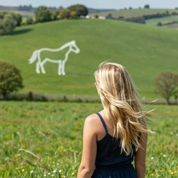 “blond woman standing in foreground back to us with flowing blond hair staring at pastoral green countryside with white chalk horse outline in distance”
