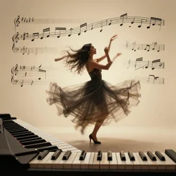 despacito latin jazz piano, realistic hyper detailed music notes dancing in the air, surreal mood, abstract dancing, music in the air