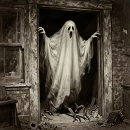 scary unproportionable tall ghost creature inside a house crawling around, 1900s picture
