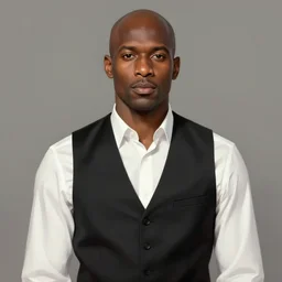 portrait of handsome bald african american male, wearing a simple black vest and white shirt, centered, digital painting, artstation, concept art, smooth, sharp focus, illustration, art by artgerm and donato giancola and leyendecker