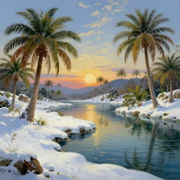 beautiful landscape with winter and lake and coconut trees, mythology, fantasy, landscape background, vivid colors, digital painting, very detailed, realistic, high quality, by claude lorrain